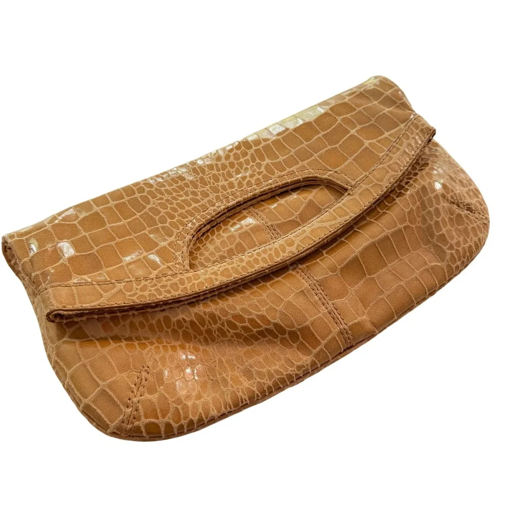 Nine West‎ Clutch Bag Women Tan Croc Embossed Foldover Classic Minimalist Preppy